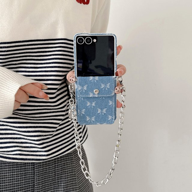 Kawaii Bow Knot Handyhülle mit Kartentasche und Lanyard für Samsung Galaxy Z Flip 7, Z Flip 6 und Z Flip 5 in Denim Blue - Bild 1