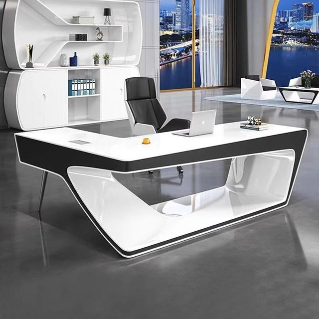Moderner ZHIO Chefbüroschreibtisch aus Holz in Weiß, höhenverstellbarer Manager-Arbeitstisch für Home-Office und Gaming, glänzendes Design - Bild 1