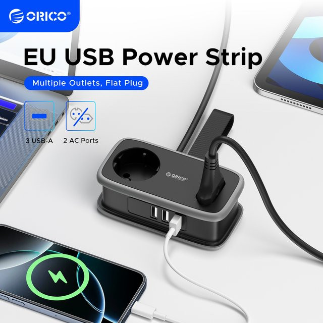 ORICO Steckdosenleiste mit 2 AC-Steckdosen und 2 USB-A Anschlüssen, 15,5 W Schnellladefunktion, Schwarz - Bild 1