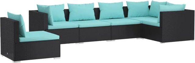 vidaXL 6-tlg Garten-Lounge-Set in L-Form aus Poly Rattan mit blauen Kissen und Metallgestell, Schwarz - Bild 1