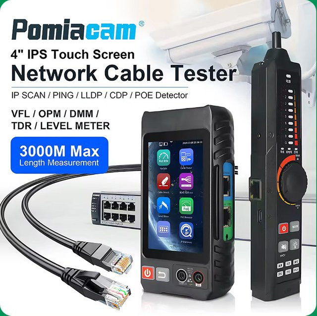 POMIACAM LT-600 Netzwerkkabel-Tester mit IP-Scan, TDR Kabellängenmessung und PoE Funktion, Farbe: Schwarz - Bild 1