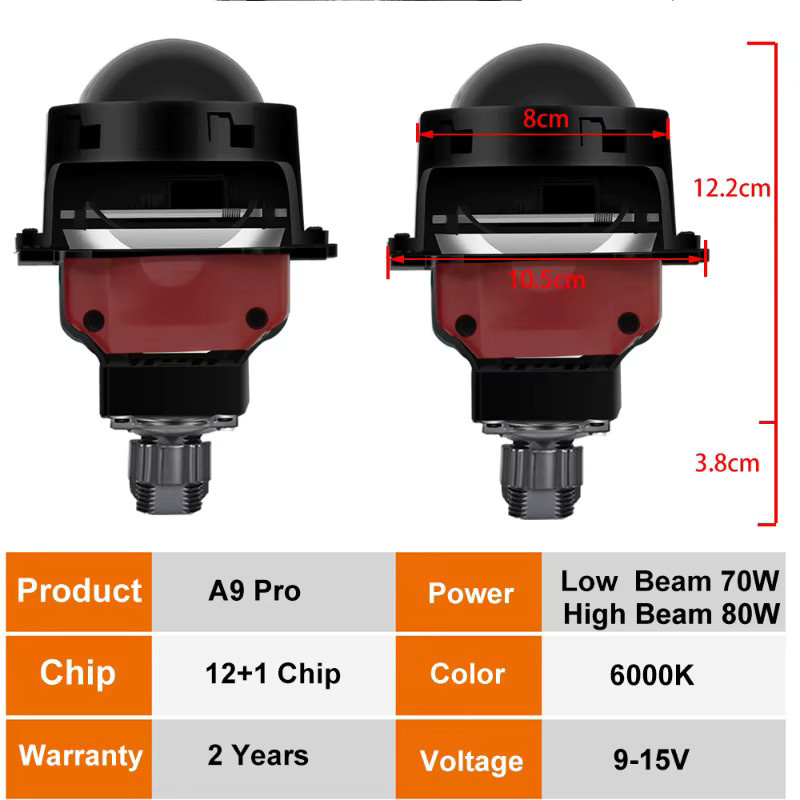 Veclumin A9 Pro Dual Lens Hochleistungs-Auto-LED-Scheinwerfer in Schwarz, 80 W, H4 H11 12+1 Glühbirnen (4575 + 5050) mit 3 Zoll Doppellampenbecher - Bild 4