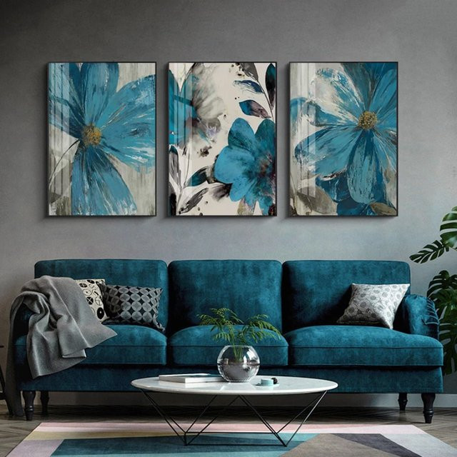 TPFLiving Luxus Poster Leinwand Blumen in Blau Set aus 3 Motiven, ohne Rahmen, B: 60 cm, H: 80 cm - Bild 1