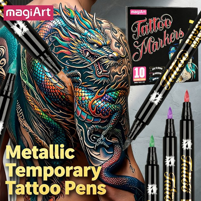 Kissbuty Temporäre Tattoo-Marker in 10 Farben, abwaschbare Brush-Stifte für kreative Kunst und Themenpartys, Multicolour - Bild 1