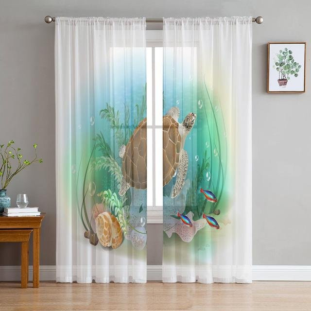 A Family Of Home Textiles Tüllvorhang mit Schildkröten-Motiv in Blau und Grün, moderner Voile-Fenstervorhang, Breite: 135 cm, Höhe: 137 cm - Bild 1