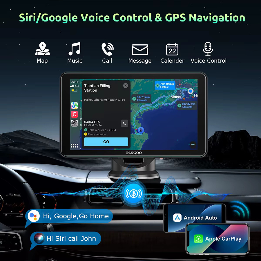 ESSGOO 7-Zoll 4K Tragbares Autoradio mit Touchscreen, Wireless Carplay, Android Auto, Bluetooth, AUX und Mirror Link in Schwarz - Bild 3
