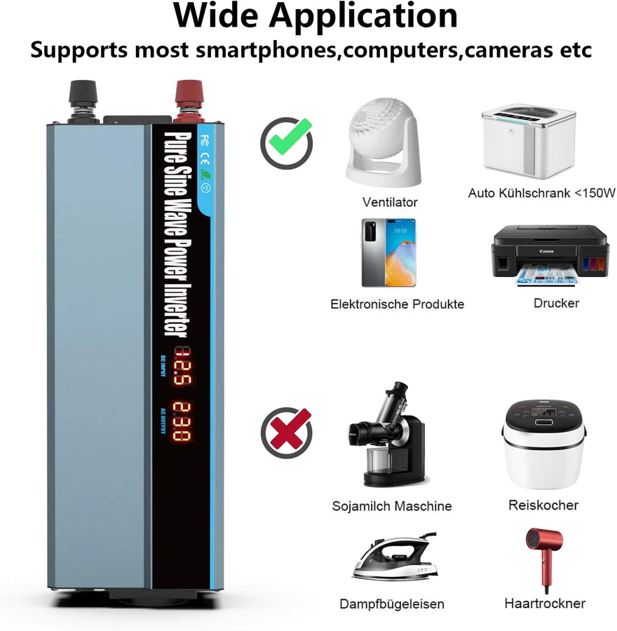 WUIETI Reiner Sinus-Wechselrichter 1000W DC 12V zu AC 230V mit 2000W Spitzenleistung, EU-Steckdose, USB-A und USB-C sowie LCD-Display für Auto und Wohnmobil - Bild 5
