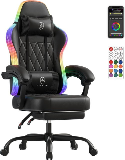 GTPLAYER Gaming Stuhl in Schwarz mit LED-Lichtleiste, ergonomischer Gamer Bürostuhl aus Kunstleder mit Kopfstütze und Aufbewahrungstasche - Bild 1