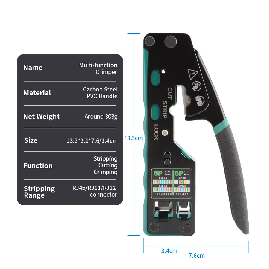 RJ12/11 und RJ45 Pass Through Ethernet Crimpzange für Cat6 Cat5 Cat5e in Grün - Bild 2