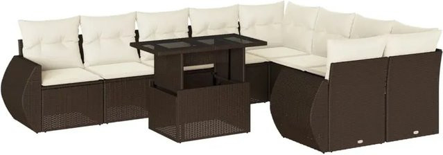vidaXL 10-tlg. Garten-Sofagarnitur in L-Form aus braunem Poly-Rattan mit cremeweißen Kissen und pulverbeschichtetem Stahlgestell - Bild 1