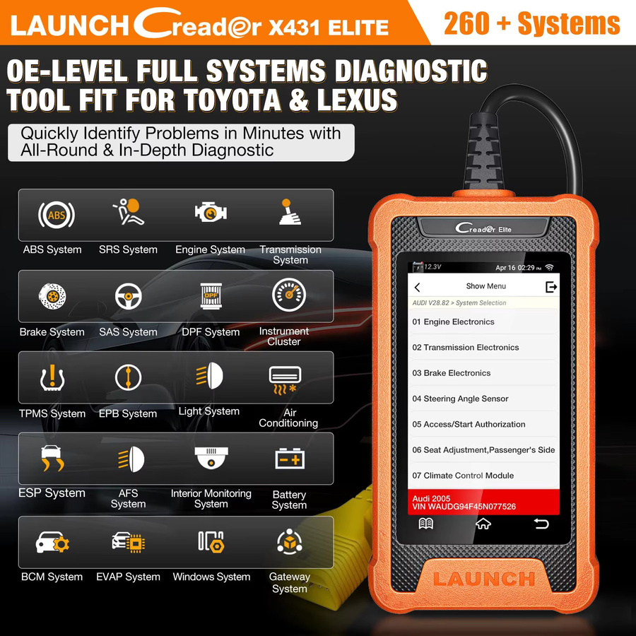 LAUNCH X431 Creader Elite Diagnosegerät für AUDI mit Vollsystem-Diagnose, OBD2 Scanner und bidirektionaler ECU-Codierung in Rot und Orange - Bild 2