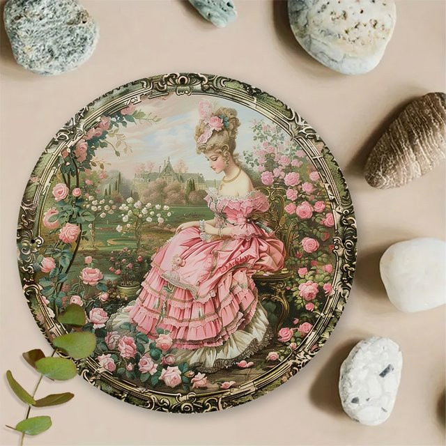 Potdemiel Rundes Aluminiumschild mit viktorianischem Adligen und Rosen, Vintage Metallwandkunst, Durchmesser: 20 cm, Mehrfarbig - Bild 1