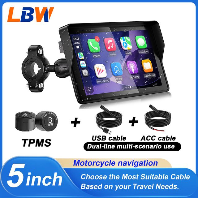 LBW 5-Zoll Motorrad-Navigations-Smart-Display mit CarPlay und Android-Unterstützung, inklusive TPMS und USB-Stromkabel, Schwarz - Bild 1