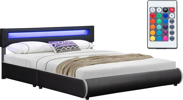 Juskys Polsterbett Sevilla Doppelbett mit LED Beleuchtung und Lattenrost in Schwarz, B/T/H: 180 x 200 cm - Bild 1