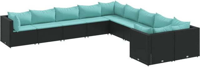 vidaXL 10-tlg. Garten-Sofagarnitur in L-Form mit Kissen, Schwarz und Blau, Poly-Rattan mit Metallrahmen - Bild 1