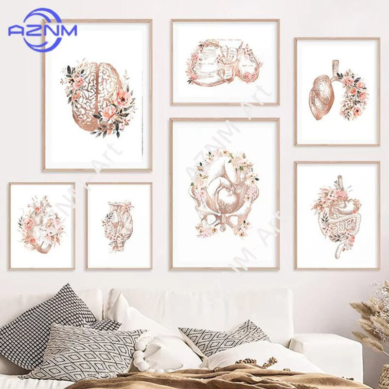 AZNM Wandkunst Poster Blumenanatomie Herz und Florale Motive in Weiß auf Papier - Bild 1