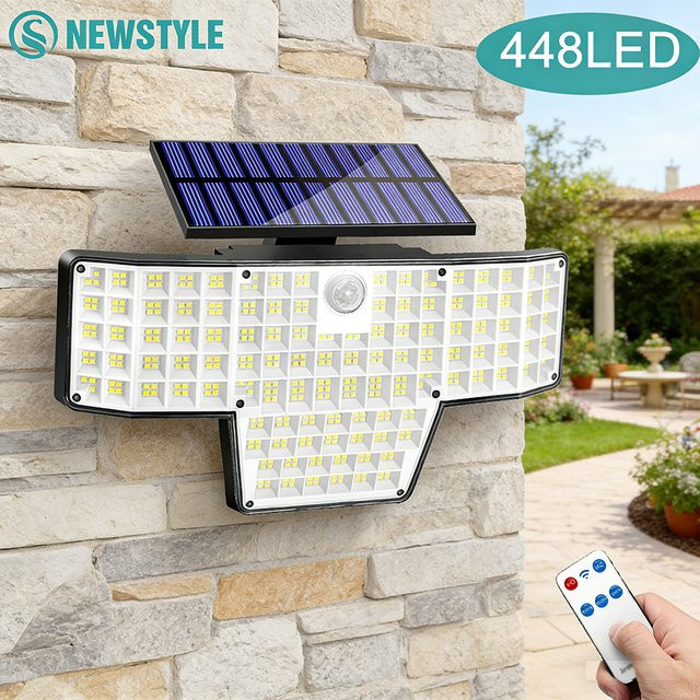 Solarbetriebene LED Außenwandleuchten mit Bewegungssensor und 448 LEDs, IP65 Wasserdicht, 2er Set, Weiß - Bild 1