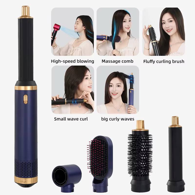 LUXLOCK 5-in-1 Haartrockner Lockenstab Heißluftbürste Haarglätter Styling-Set, Unisex, blau, gold - Bild 4