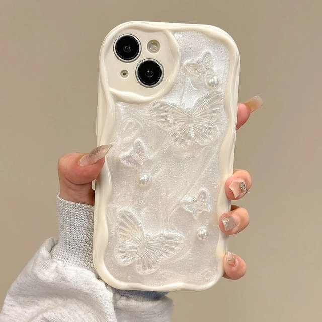 Schutzhülle im koreanischen Stil mit Laser-Schmetterlingsperlen für iPhone 11 12 13 14 15 Pro Max, Farbe: Weiß - Bild 1