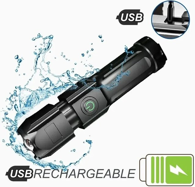 QUERPXAF Taktische LED-Taschenlampe mit 10.000 Lumen, wiederaufladbar via USB, wasserdicht mit Zoom, Farbe: Schwarz - Bild 1