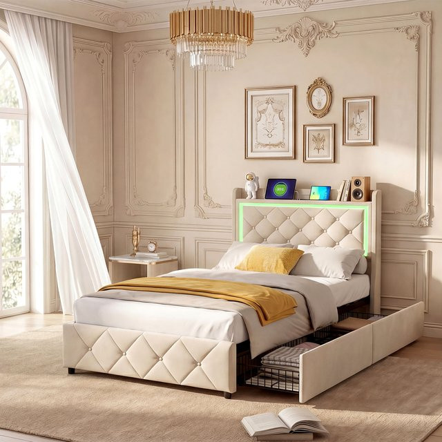 Superaly Polsterbett mit 2 Schubladen, LED-Beleuchtung und USB-Ladefunktion, Samt, Beige, B: 90 cm, T: 200 cm - Bild 1