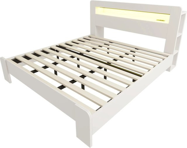 Merax Plattformbett Weiß mit LED-Beleuchtung, USB-Ladeport und Stauraum B/T/H: 180 x 200 x 107 cm - Bild 1