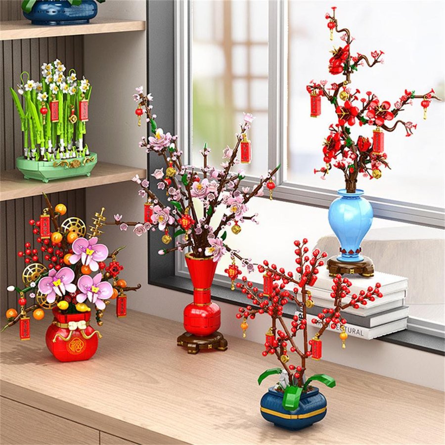 DBPALY Blumenstrauß Pflaumenblüte Pfirsichblüte Narzisse Bonsai Bausteine Modell - Bild 2