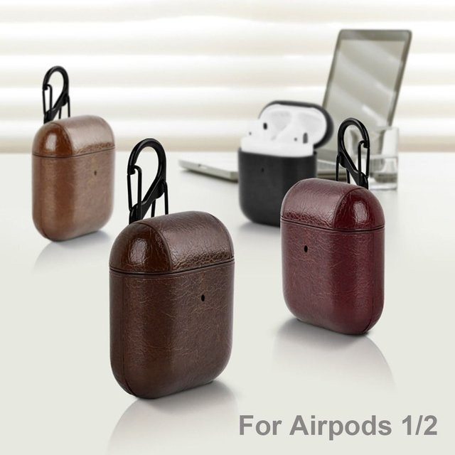 Schutzhülle aus PU-Leder für Apple AirPods mit Karabiner in Schwarz und Braun - Bild 1