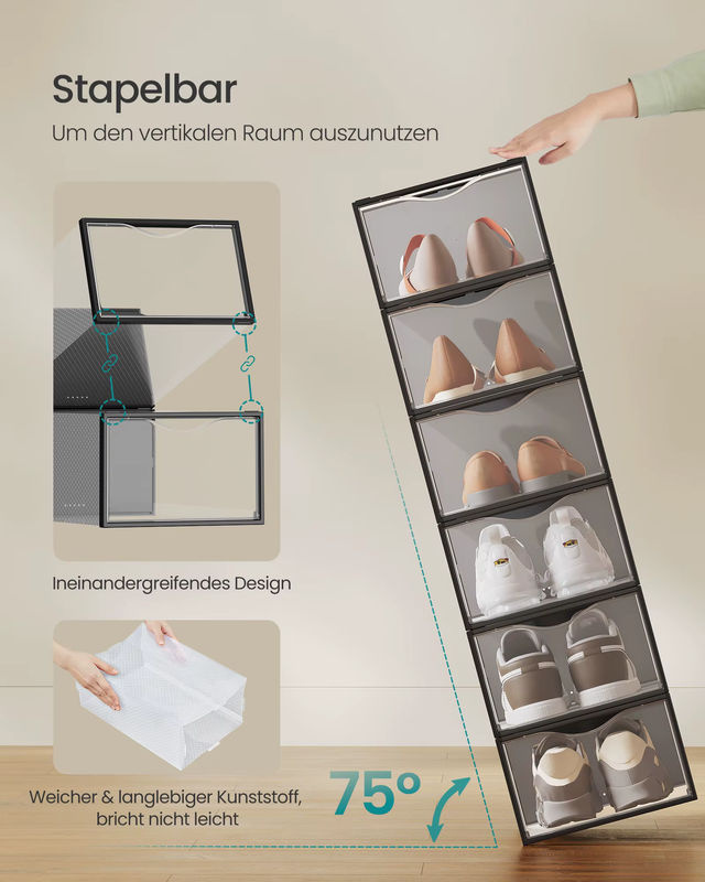 SONGMICS Schuhboxen Set aus Kunststoff mit Tür, transparent und schwarz, 18er Set, stapelbar - Bild 5