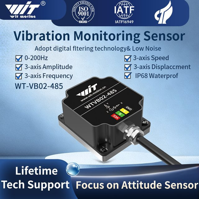 WitMotion WTVB02-485 Triaxialer Vibrations-, Geschwindigkeits- und Amplitudensensor in Schwarz, IP68 Wasserdicht zur Überwachung von Motorpumpen-Vibrationen - Bild 1