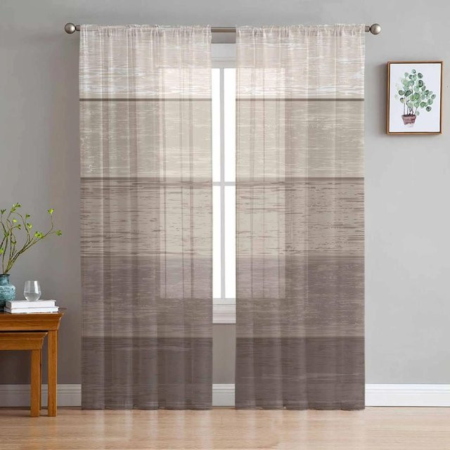 Transparente Vorhänge von Yiran Furniture in Grau mit Holzmaserung und Farbverlauf, Tüll Voile Organza Fenstergardine mit Ösen, Breite: 135 cm, Höhe: 115 cm - Bild 1