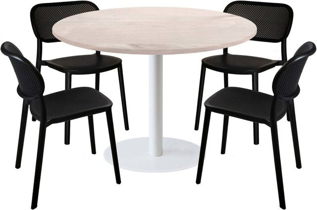 RestooTab Esstisch-Set Rome XL mit 4 Stühlen, runder Esstisch in Birke mit schwarzem Gestell und weiße Stühle, B/T/H: 120 x 120 x 75 cm - Bild 1