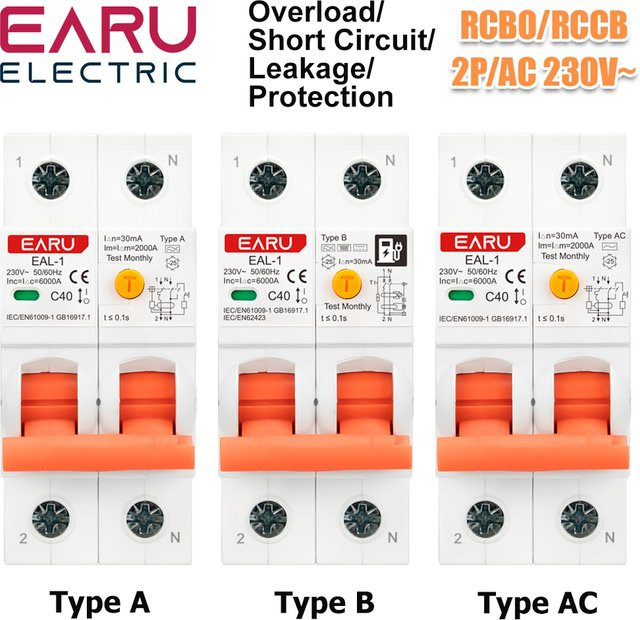 EARU 2er-Set Elektronischer Fehlerstromschutzschalter RCBO Typ A und B für EV-Ladestationen, 30mA, Weiß - Bild 1