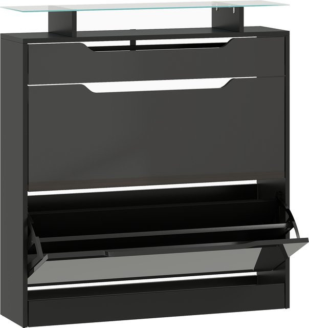 HOMCOM Schuhschrank Aosom in Schwarz mit 2 Klapptüren, 1 Ausziehschublade, Ablage und Glasplatte, B/T/H: 89 x 23 x 96 cm - Bild 1