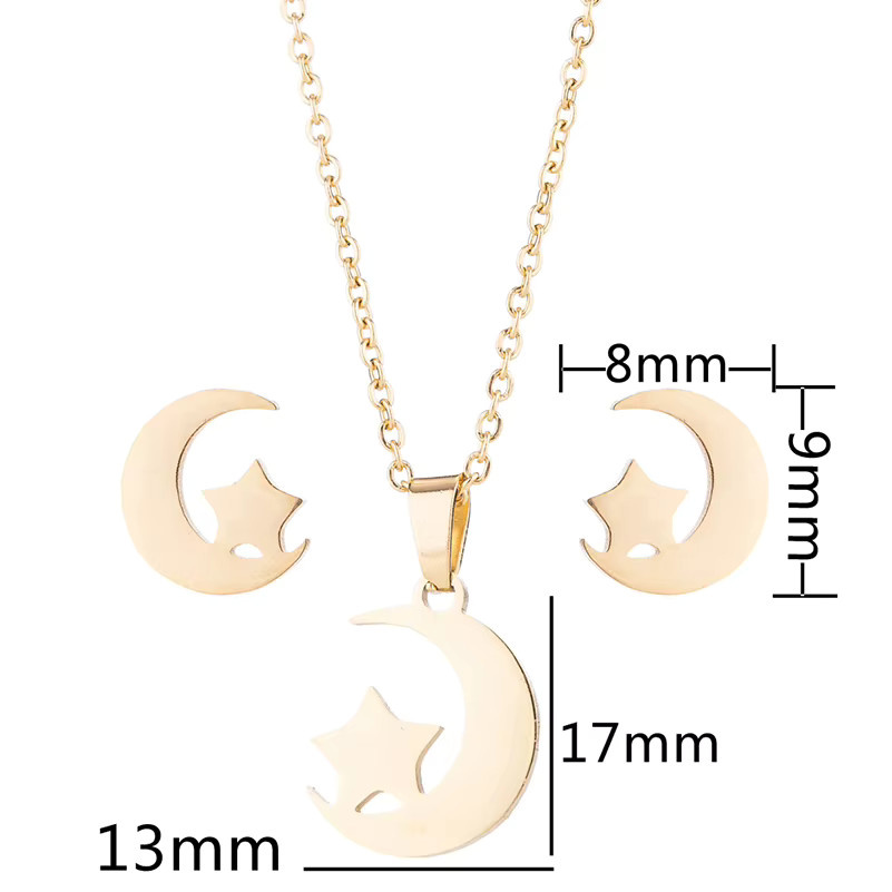 Schmuckset Edelstahl, Gold, Mond und Stern, Ohrringe und Halskette, Damen - Bild 3