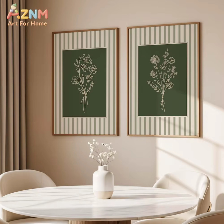 AZNM Minimalistische Botanische Wandkunst Salbeigrün Gestreifter Blumen-Linienkunst-Leinwanddruck für dein Wohnzimmer oder Schlafzimmer - Bild 2