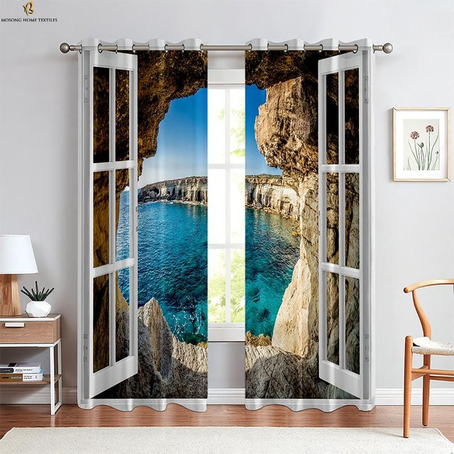2er-Set transparente Vorhänge mit 3D-Naturprint in Blau, B: 50 cm, H: 130 cm - Bild 1