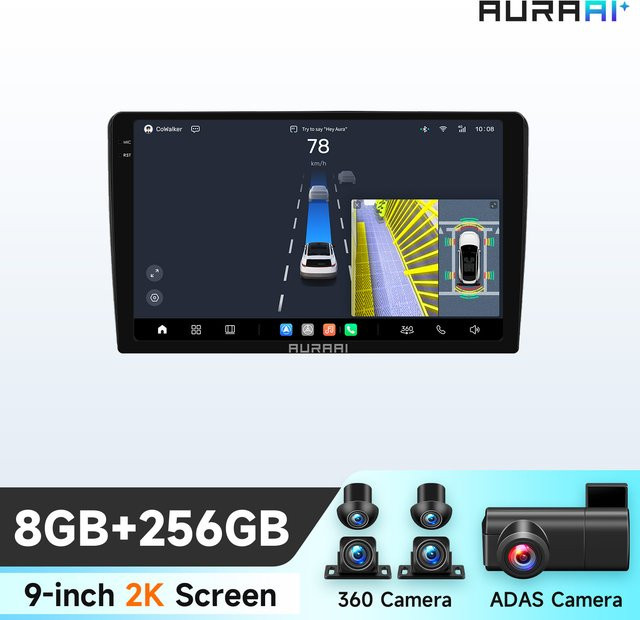AURAAI 2K Android Auto GPS Multimedia-Videoplayer mit Wireless CarPlay und 360-Grad-Kamera für Kia Cee'd 2006 - 2012, 2DIN Head Unit in Schwarz mit ADAS, Navigation, Bluetooth, Wifi und 4G - Bild 1