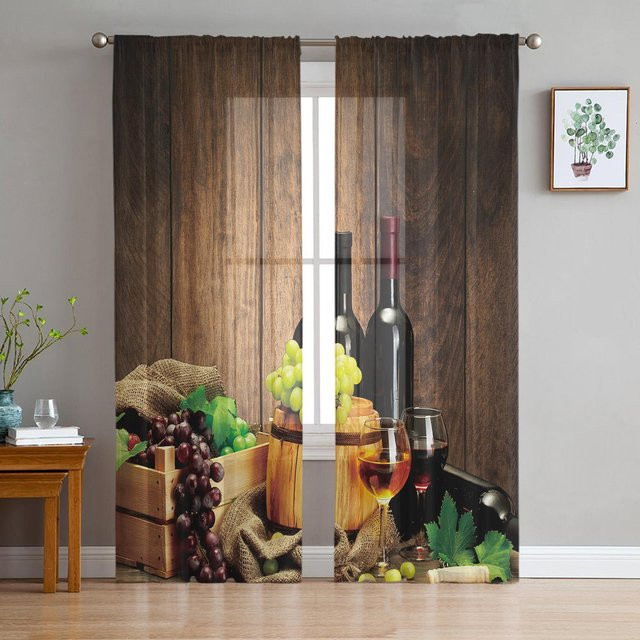 Transparente Tüll-Vorhänge mit Wein- und Trauben-Motiv für Wohnzimmer und Küche, Material Polyester, Breite: 135 cm, Höhe: 137 cm - Bild 1