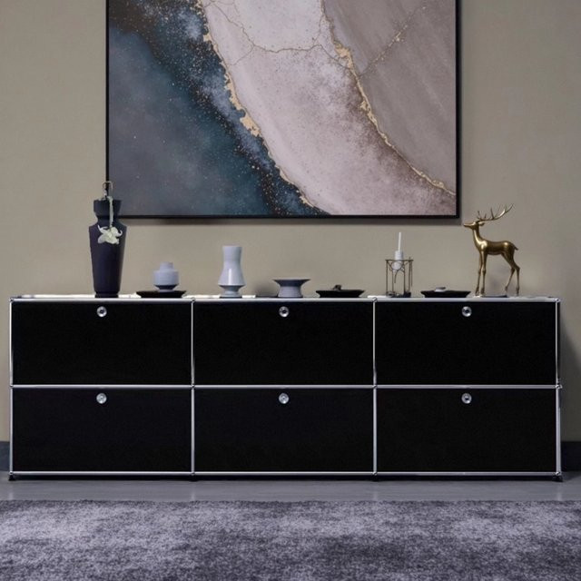 MLG Sideboard im skandinavischen Design, multifunktionale Schrank-Modulkombination für Wohnzimmer und Esszimmer, Schwarz matt, Metall - Bild 1