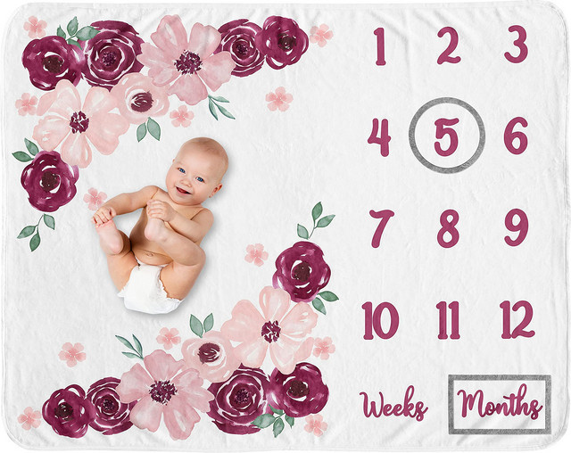 VIKAMA Baby Meilenstein-Decke mit Aquarell-Blumen-Design als Wachstumsprotokoll für das erste Jahr und Geschenk zur Babyparty - Bild 1