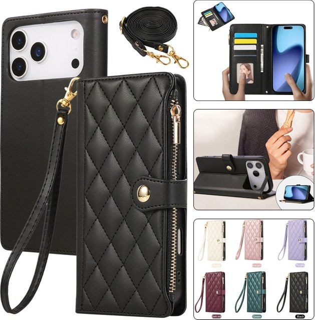 Leder-Brieftasche mit Reißverschluss als Handyhülle für iPhone, inklusive Kartenfach, in Schwarz oder Grün - Bild 1