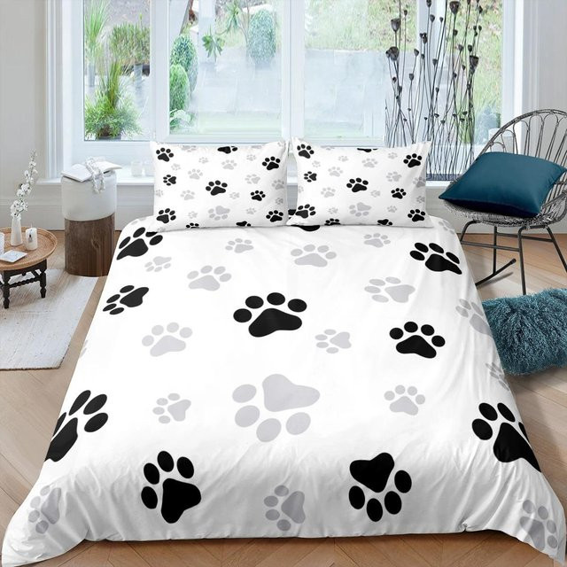 Home Living Luxus Bettwäsche Set mit 3D Hunde Pfotenabdruck und Knochen Motiv in Weiß, bestehend aus Bettbezug und Kissenbezug, Breite: 70 cm, Länge: 133 cm - Bild 1