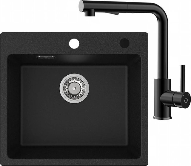 CECIPA MAX Granit-Spülbecken Schwarz B: 50 cm, T: 45 cm, H: 18,5 cm mit Siphon, Überlauf und schwarzer Auszieharmatur mit 2 Wasserstrahl-Arten - Bild 1