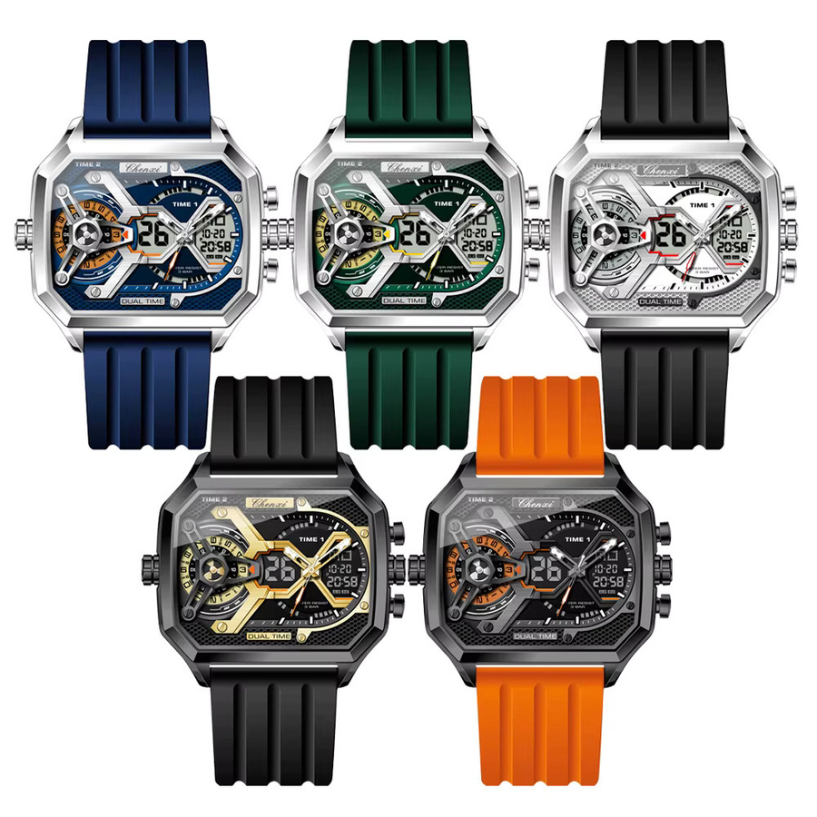 CHENXI Armbanduhr Herren, Quarz, Militärstil, Silber, Silikon, Eckig - Bild 4