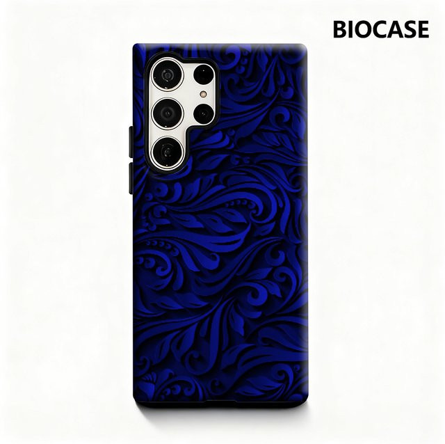 Samsung Handyhülle mit tiefblauem floralem Wirbel-Design und glänzender doppellagiger Rückseite für Galaxy S25 Ultra, S24 und S23 Ultra Plus - Bild 1