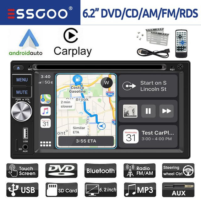 ESSGOO Doppel DIN Autoradio mit 6.2 Zoll Touchscreen, Apple CarPlay, Android Auto, Bluetooth, USB und Mirror Link in Schwarz - Bild 1