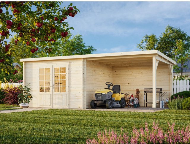 Palmako Ella Blockbohlenhaus aus Fichtenholz in Hellbraun mit Flachdach und modernem Design B/H/T: 614 x 214 x 300 cm - Bild 1