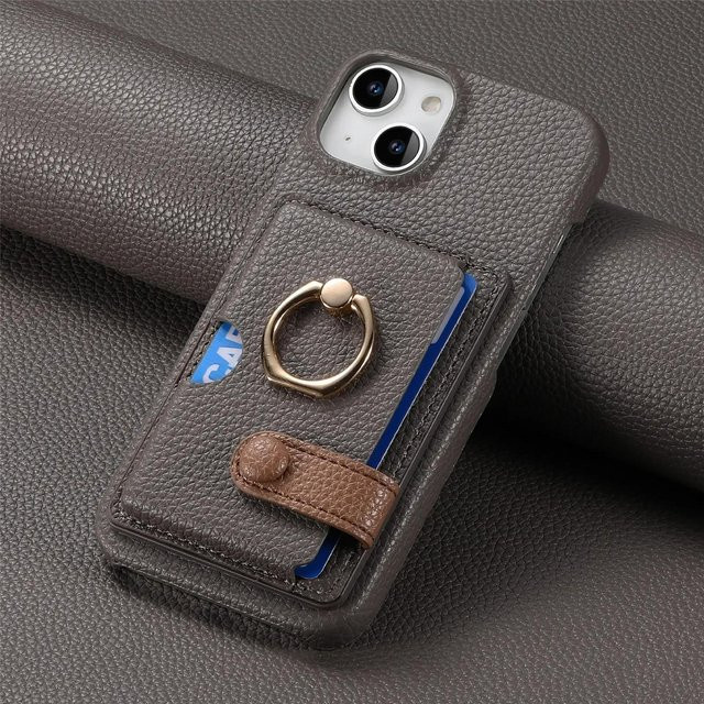 Yiran Lederring-Ständer Handyhülle mit Kartenhalter und Brieftasche für iPhone 16 15 14 13 12 11 Pro Max X XR 7 8 Plus, stoßfest, grau - Bild 1