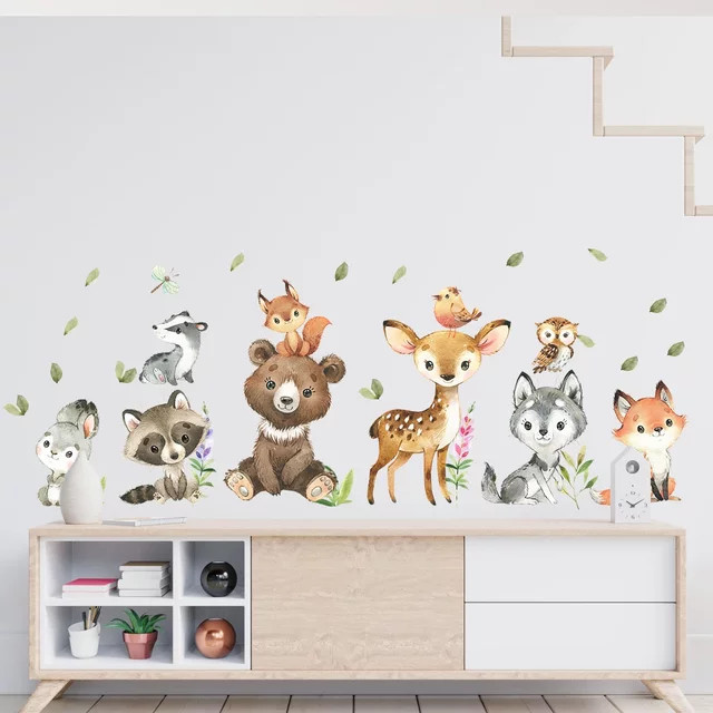 BRUP 2er Set Wandtattoos mit niedlichen Tierfiguren Bär Hirsch und Kaninchen in Braun und Multicolour für die Dekoration von Kinderzimmer, Wohnzimmer oder Schlafzimmer - Bild 1